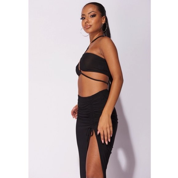 Black Sleeveless Halter Neck Crop Top and High Waist Maxi Skirt Two Piece Set - Picture 9 of 14